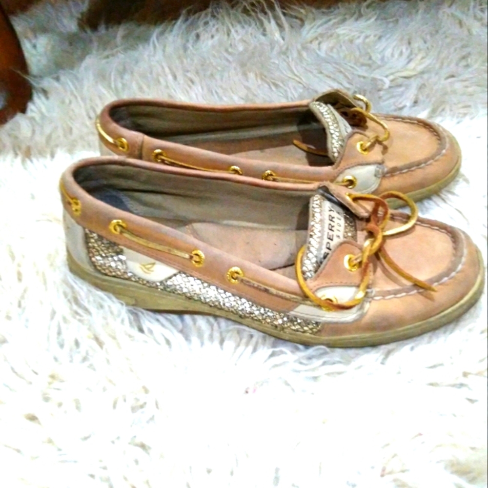 Sperry's, size 7.5, tan with golden sparkles/accents